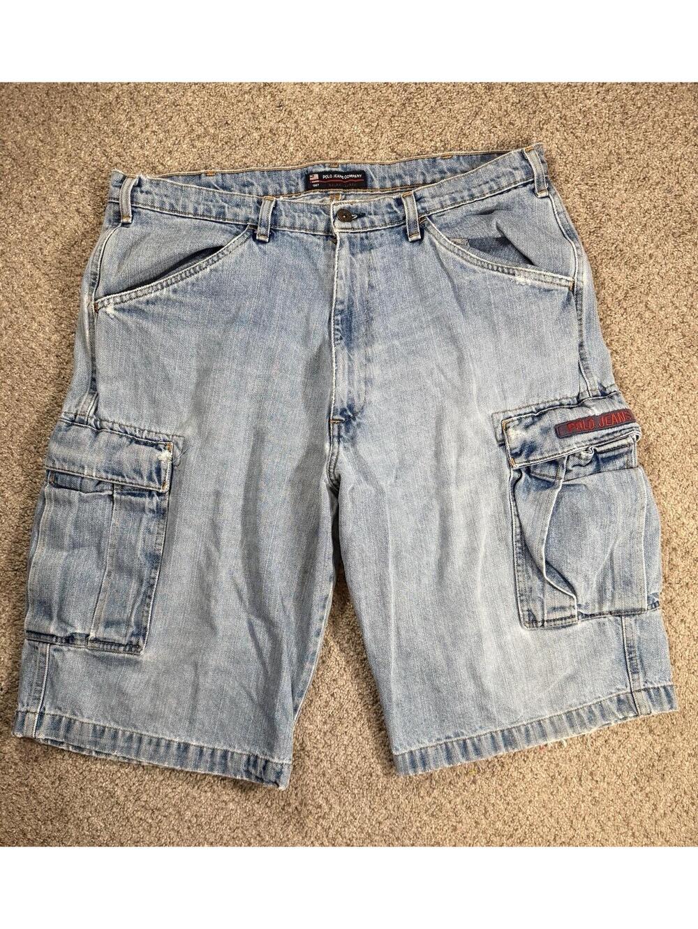 Vtg 90s Polo Jeans Co Ralph Lauren Freighter Cargo Shorts Denim Jorts Baggy 34